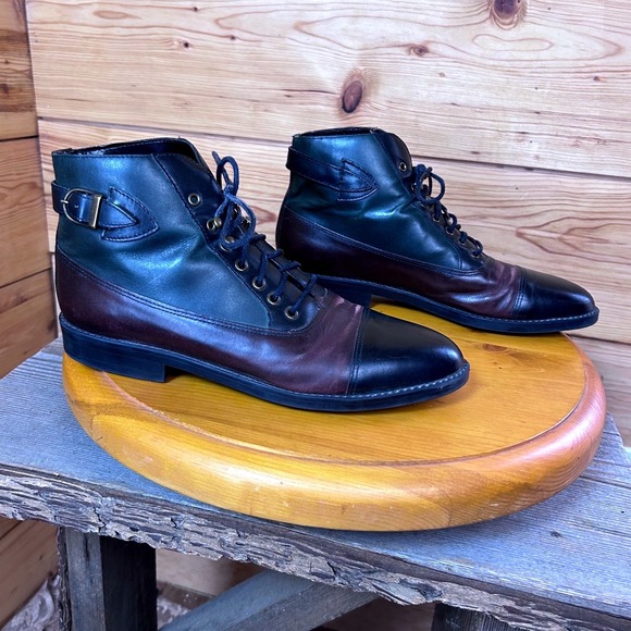 Vintage Shoes - Vintage Tri-Color Leather‎ Lace Up Ankle Boots Made in Brazil Green Burgundy 9M